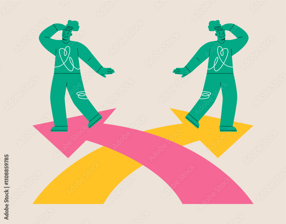 Fototapeta premium Woman standing at the top of the arrow to look farther. Choice concept. Colorful vector illustration