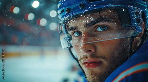 Ice hockey player winding up a slapshot with intense focus captured with dramatic lighting and a blurred background photo