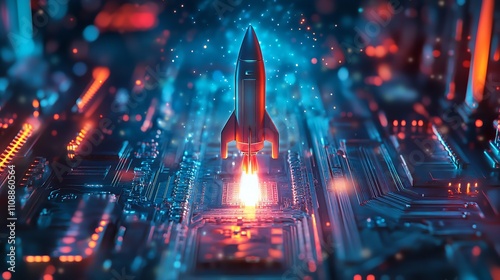 Digital Abstract Rocket and AI Chip - Abstract Technology Light Concept