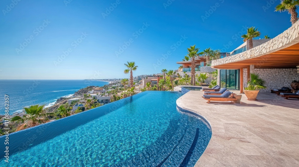 Fototapeta premium Luxury villa on the cliffs, dramatic ocean view, infinity pool, modern design,