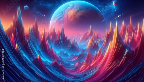 An illustration showcasing a fantasy landscape featuring abstract mountain formations filled with neon blue, purple, and orange colors.