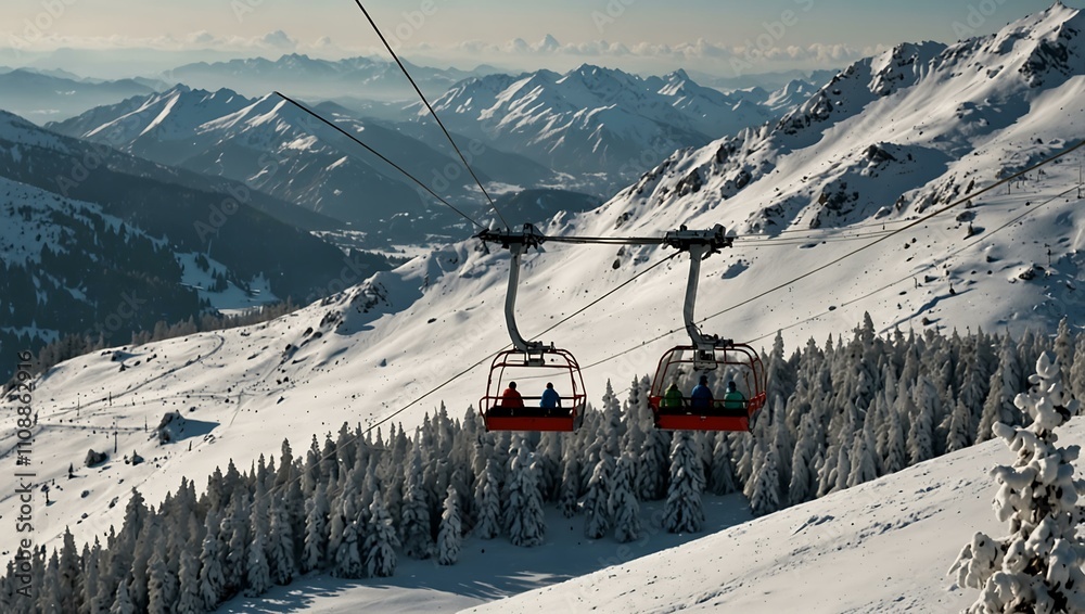 Fototapeta premium Ski lift on a highland alpine mountain in winter.
