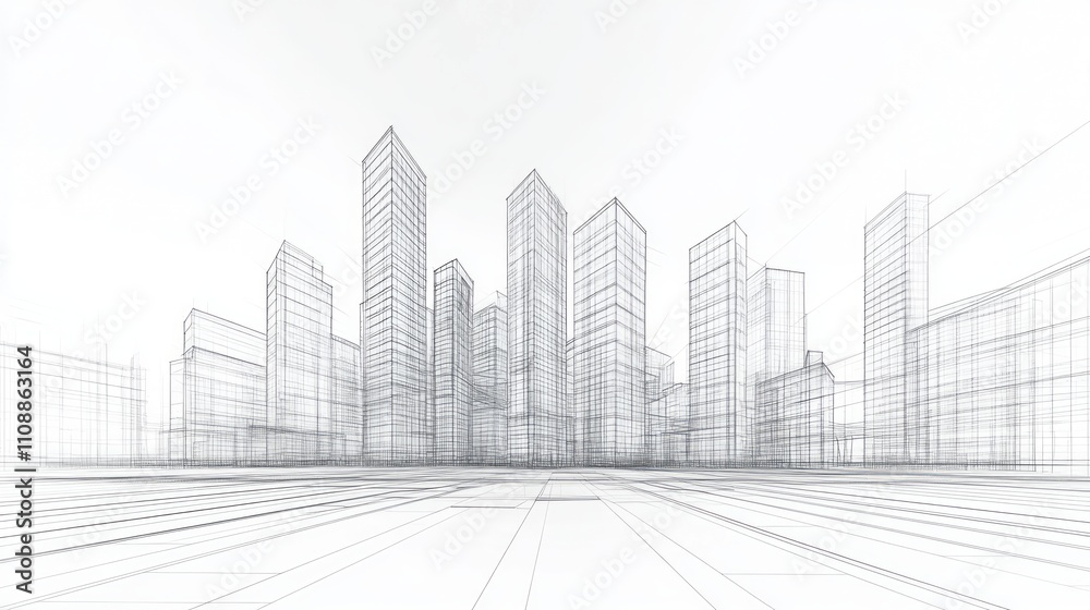 Obraz premium Wireframe rendering of a modern city skyline, showcasing architectural design and urban planning.