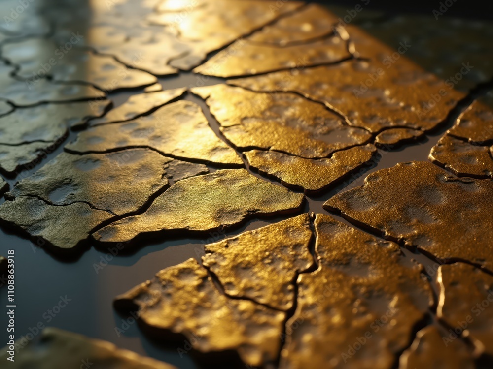 Fototapeta premium Cracked golden ground reflecting sunlight with water between the pieces