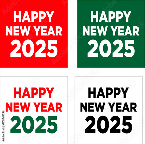 HAPPY NEW YEAR 2025 green and red vector calligraphy banner card on white background simple flat