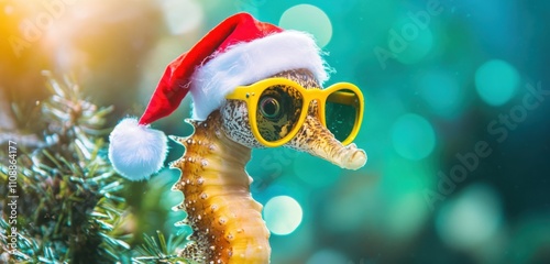 A cute and vibrant photograph of a seahorse sporting yellow sunglasses and a Santa hat, isolated on a green background.  photo