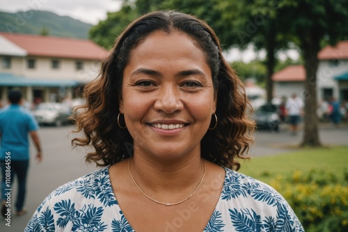 Close portrait of a smiling 40s Samoan woman looking at the camera, Samoan city outdoors  blurred background photo