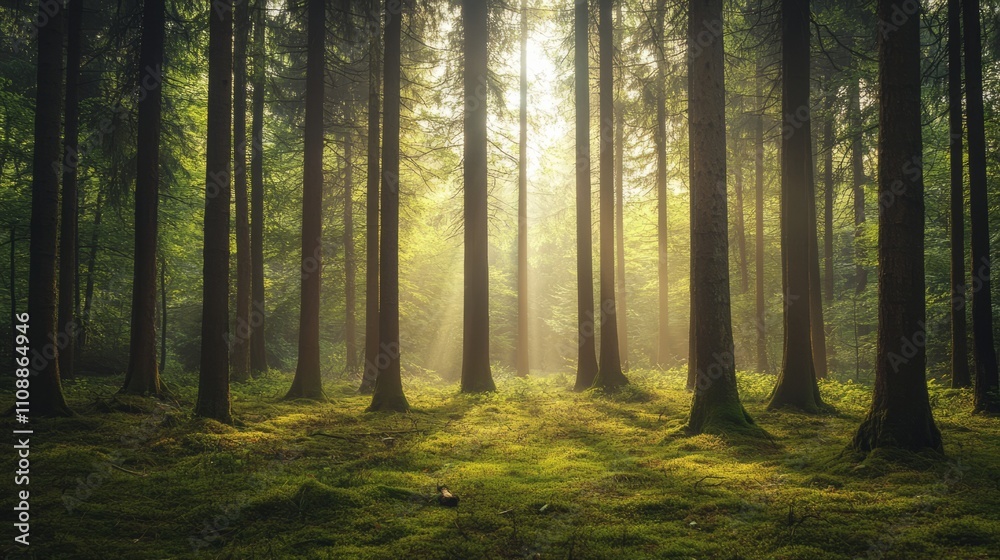 Fototapeta premium A serene forest background with tall trees and soft sunlight filtering through the leaves, natural and peaceful