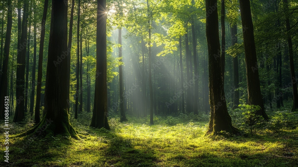 Fototapeta premium A serene forest background with tall trees and soft sunlight filtering through the leaves, natural and peaceful