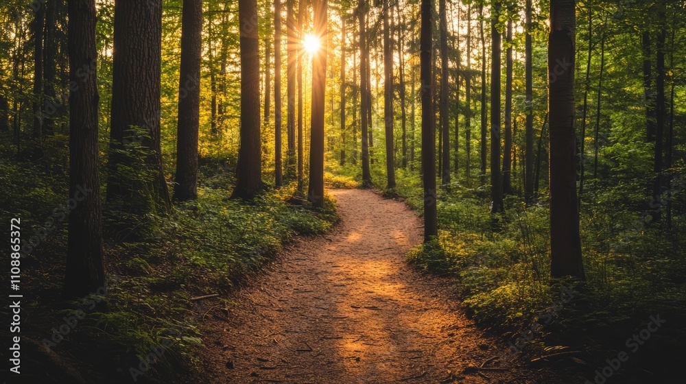 Fototapeta premium A serene forest background with tall trees and soft sunlight filtering through the leaves, natural and peaceful