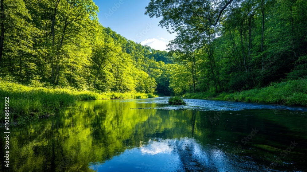 A serene river winding through a lush forest, the water reflecting the vibrant green trees and blue sky A serene river winding through a lush forest, the water reflecting the vibrant green trees and blue sky