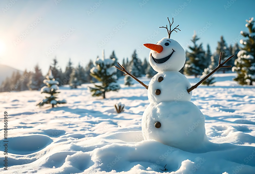 Obraz premium Panoramic view of happy snowman in winter secenery with copy space