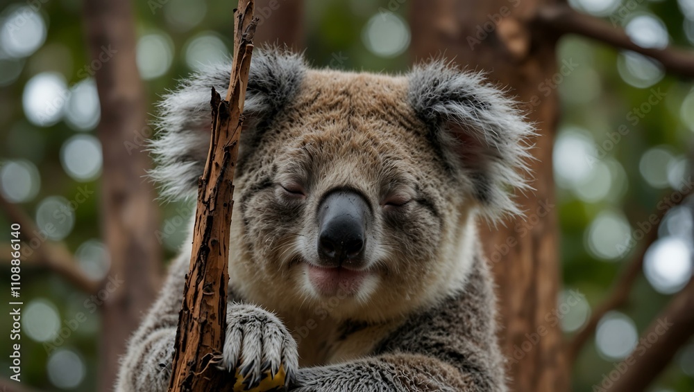 Fototapeta premium Sleeping koala looking uncomfortable in a tree.