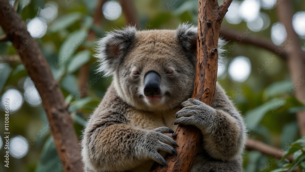 Fototapeta premium Sleeping koala looking uncomfortable in a tree.
