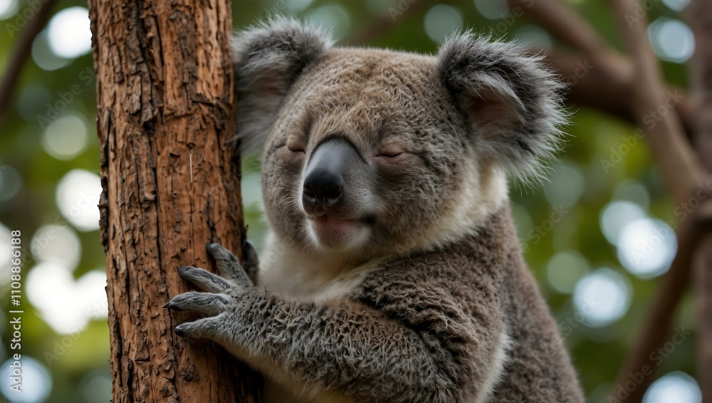 Obraz premium Sleeping koala looking uncomfortable in a tree.