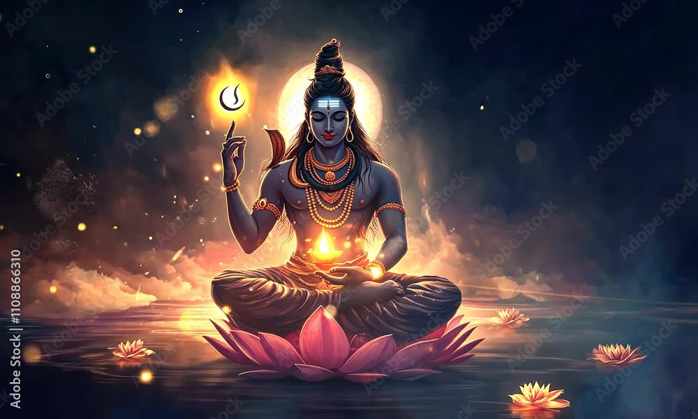 Shiva, a Hindu god, sits in meditation on a lotus flower.