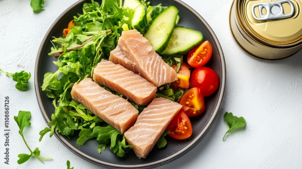 Canned tuna is beautifully presented on a plate with greens and vegetables, emphasizing a nutritious meal choice Canned tuna is beautifully presented on a plate with greens and vegetables, emphasizing a nutritious meal choice