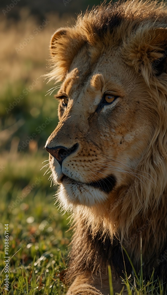 Naklejka premium Slow-motion shot of a young male lion resting in the grass.