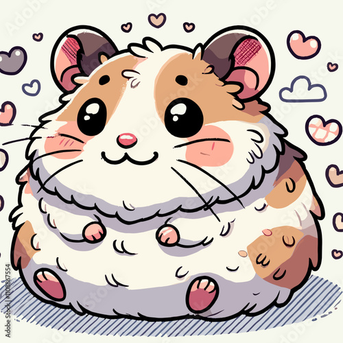 Plump White and Brown Hamster with Hearts and Clouds in Kawaii Style