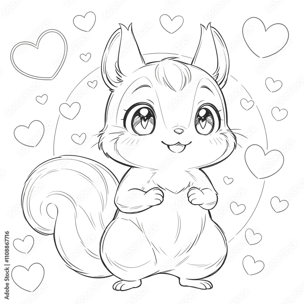 Fototapeta premium Adorable Manga-Style Squirrel with Loving Expression Among Floating Hearts Against White Background