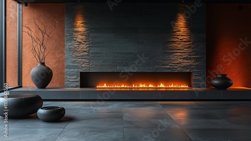 Contemporary fireplace sleek lines a long linear flame and a minimal glass encasement set against a smooth stone wall with ambient lighting