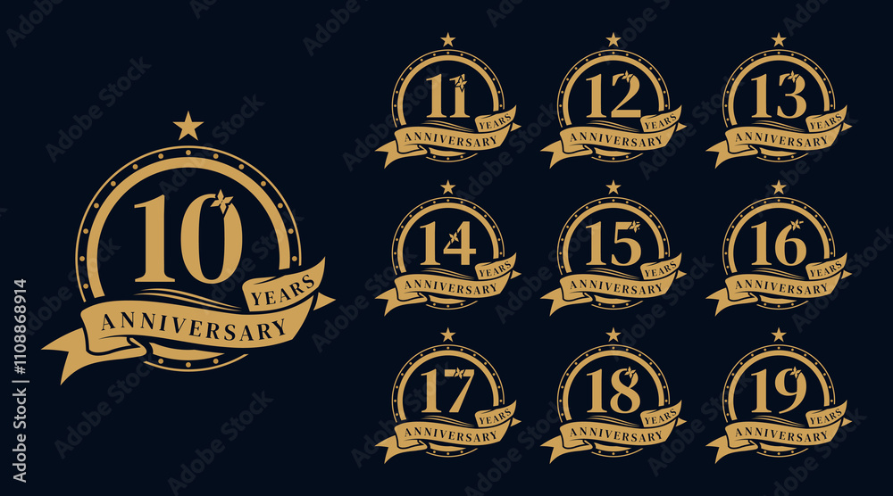 Fototapeta premium Set of Gold anniversary celebration logo vector. Premium anniversary celebration emblem logo design template collections