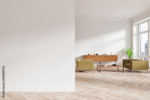 Modern living room interior with blank wall on left side, wooden floor, minimalistic furniture, and large windows lighting the space. 3D Rendering photo