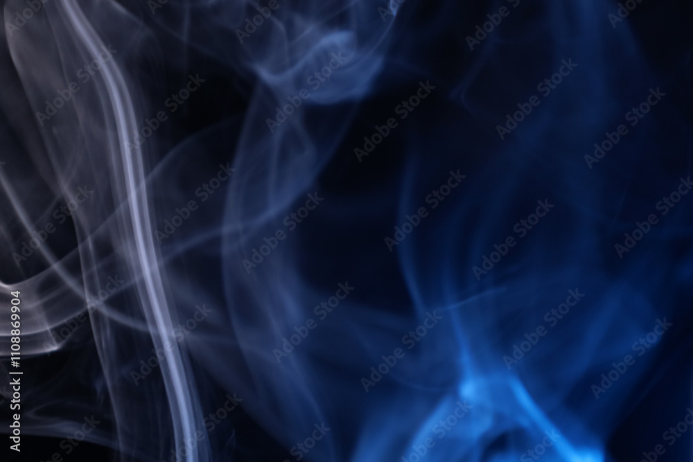 Fototapeta premium White and blue bright smoke, fog on a dark background, colourful abstract, vibrant fog, minimalism, line of light