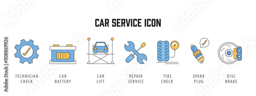 Car service icon isolated on transparent background. technician check, battery, car lift, repair service, tire check, spark plug, disc brake flat design, pictogram  safety check, vector illustration.