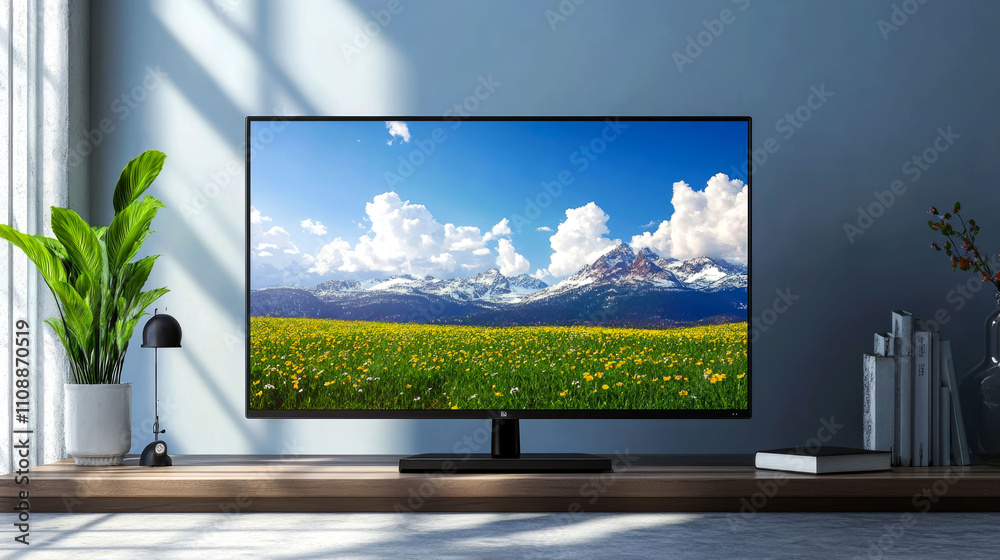 Fototapeta premium Modern TV displaying scenic landscape.