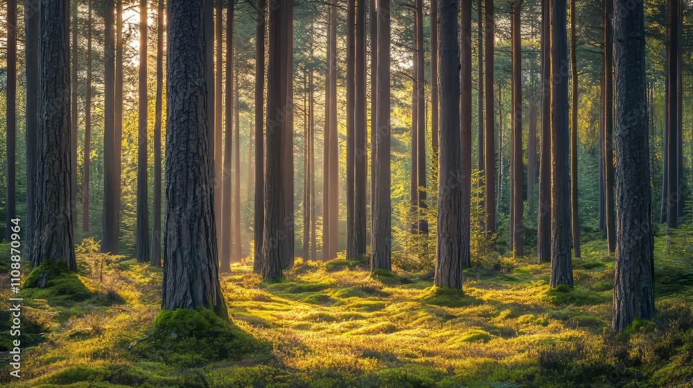 Obraz premium A serene forest background with tall trees and soft sunlight filtering through the leaves, natural and peaceful