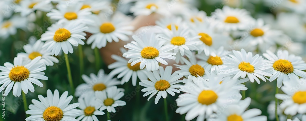 Fototapeta premium Floral Romantic Vibes Concept, Vibrant Close-Up of White Daisies with Bright Yellow Centers in Natural Outdoor Setting