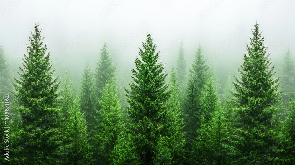 Fototapeta premium Misty Fir Forest Evergreen Trees Nature Landscape Serene Woods Foggy Conifer Tranquil