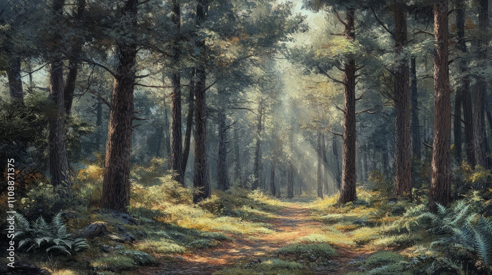 Fototapeta premium A tranquil spring forest scene, with budding leaves and sunlight breaking through the canopy