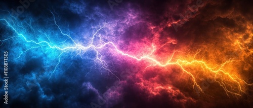 Colorful lightning bolts against a dark, dramatic background 