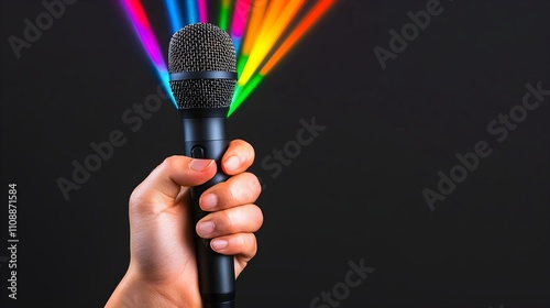 LGBTQ Voices Concept, Hand Holding a Microphone Emitting Multicolored Light Rays Against a Dark Background