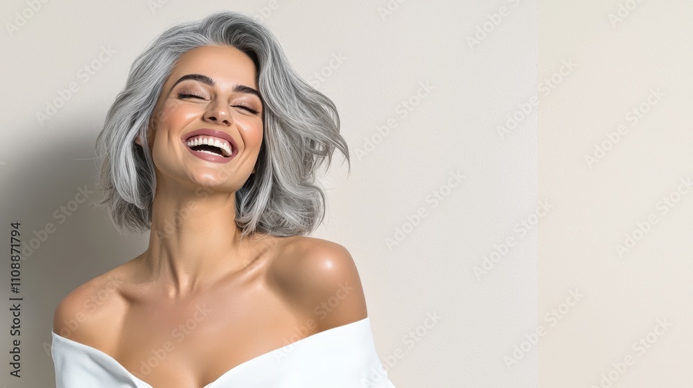 A smiling woman with flowing gray hair, dressed casually, exudes confidence and joy against a soft, neutral background. A smiling woman with flowing gray hair, dressed casually, exudes confidence and joy against a soft, neutral background.