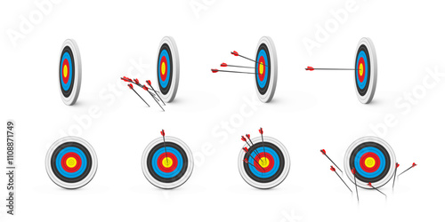 Archery target with arrows set, front and side view vector illustration. Realistic isolated dartboard collection with arrows in bullseye center, archers darts hit or miss circle boards.