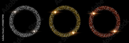 Abstract dotted round patterns. Golden, silver and bronze frames with halftone effect. Shining circle backgrounds with light glow elements. Modern graphic vector illustration set isolated on black.