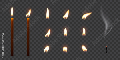 Candle flames. Candlelight fires vector illustration set. Realistic flame light on wick of candlestick, small romantic glow flare in night, collection isolated on transparent background.