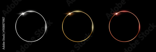 Gold, silver and bronze circle frames. First, second and third place medals isolated on black background. Blank metal ring, button, stamp, emblem, sticker, label. Abstract 3d vector illustration.