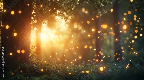 A twilight forest with soft glowing bokeh light filtering through the trees