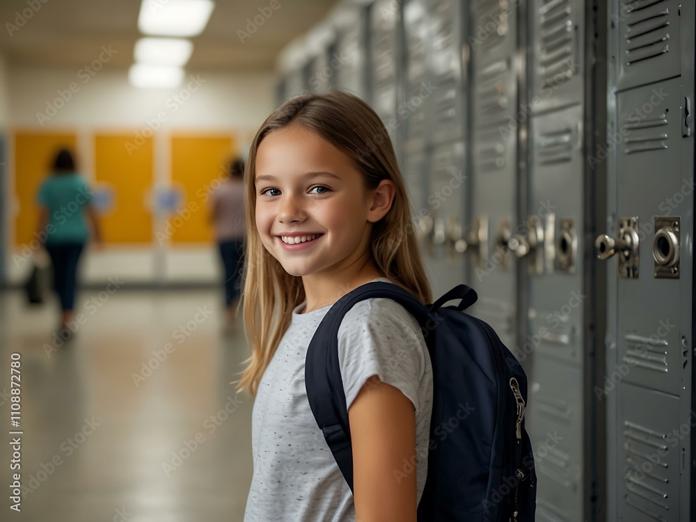 Smiling girl with a backpack in front of school lockers.