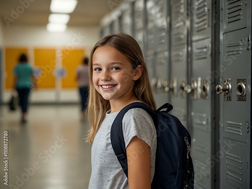 Obraz na płótnie Smiling girl with a backpack in front of school lockers. w salonie