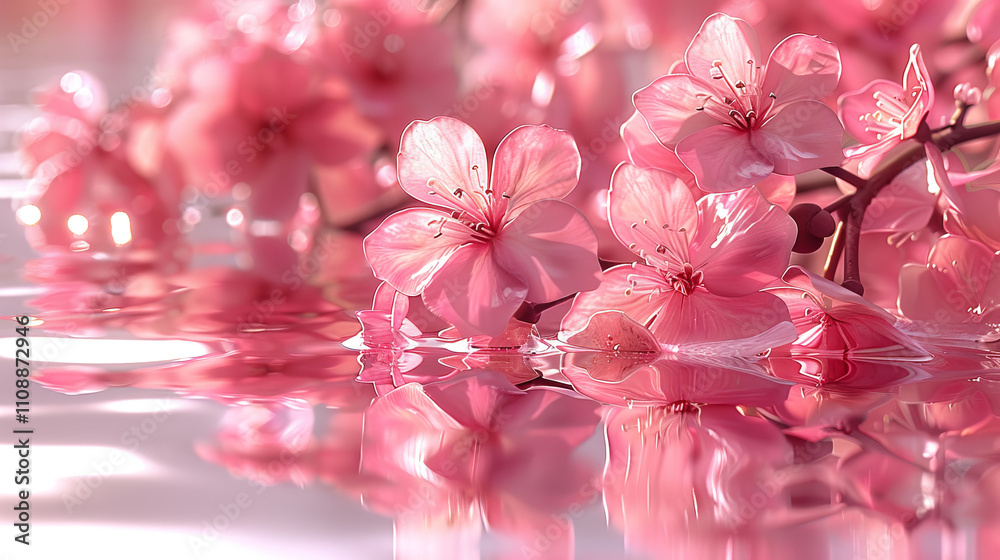 Pink Cherry Blossom Reflections on Calm Water in Springtime Pink Cherry Blossom Reflections on Calm Water in Springtime