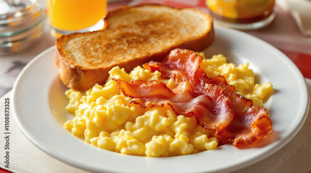 A typical American breakfast with scrambled eggs, crispy bacon, and toast on a plate A typical American breakfast with scrambled eggs, crispy bacon, and toast on a plate