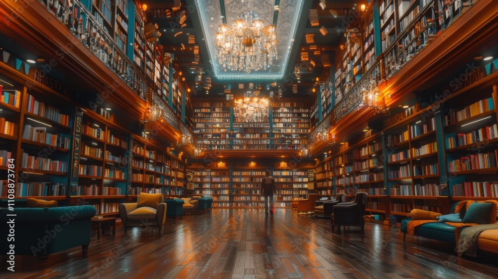 Grand Library with Arched Bookshelves, Ornate Chandeliers, and Lavish Lounging Areas