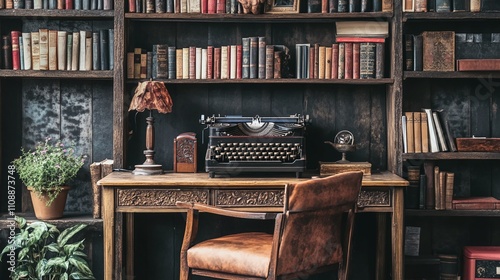 A vintage typewriter displayed on a wooden desk in a study.