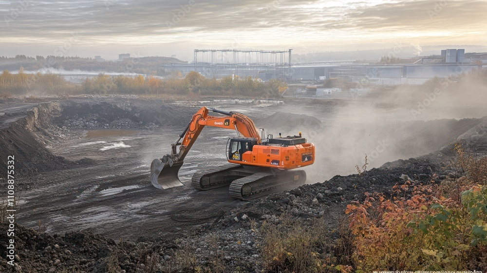 Orange Excavator Working in a Misty Construction Site Orange Excavator Working in a Misty Construction Site