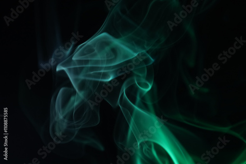 Green and white lines, green smoke on the dark background, colourful abstract, green fog, minimalism, line of light